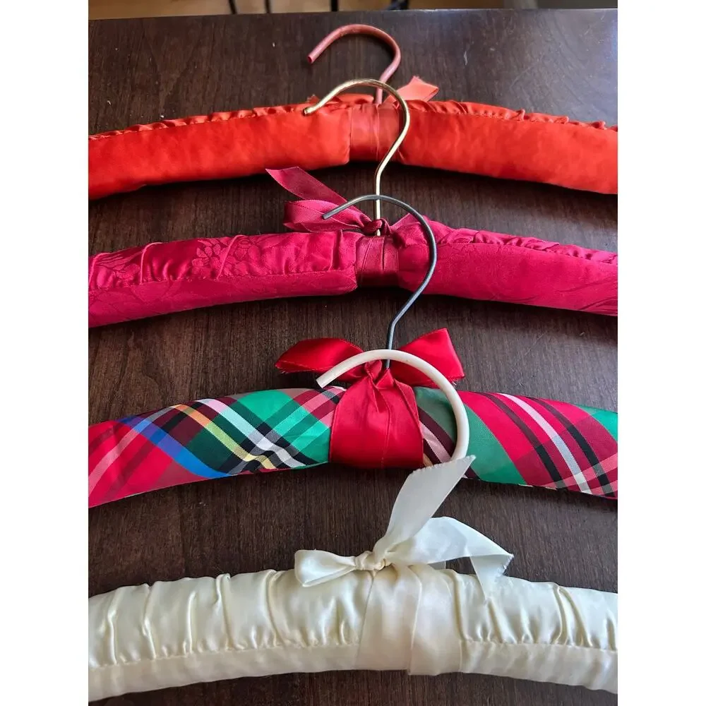 4 Vintage satin padded clothes hangers ribbon bows red orange cream